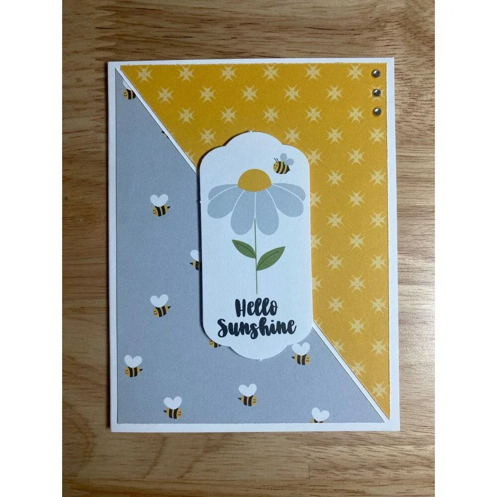 Bee & Flowers Hello Greeting Card – Handmade A2 Card – All Occasion Blank Card